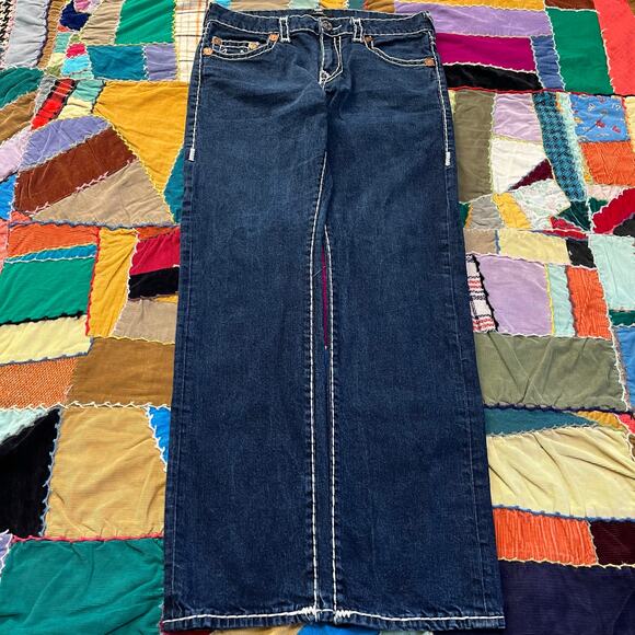 Y2K True Religion Embroidered Dark Blue Jeans 32Wx33L - Picture 2 of 7